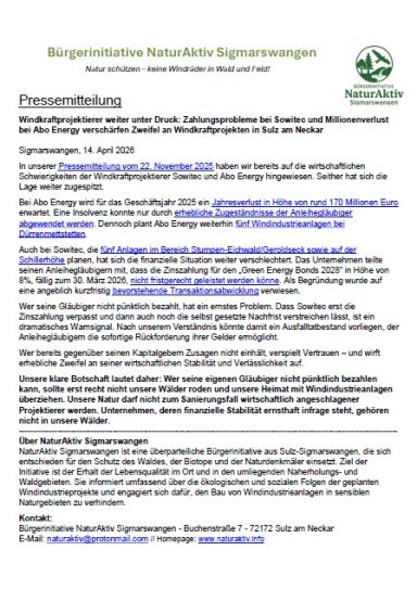 Pressemitteilung BI NaturAktiv Sigmarswangen
